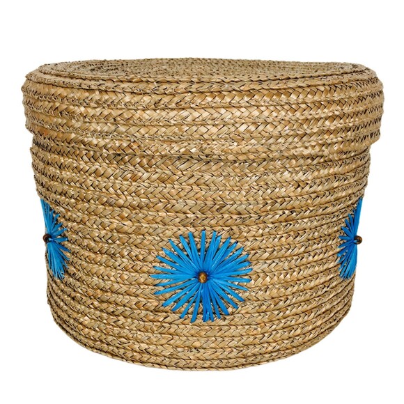 VTG 70s MCM Boho Round Woven Straw Basket & Lid Atomic Starburst Beaded Flowers